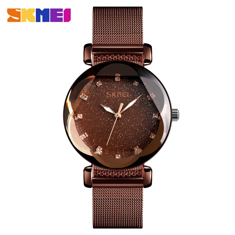 Coffee Steel Belt Skmei, женские кварцевые часы, звездное небо, яркие, женские наручные часы, водонепроницаемые, модные, Montre Femme, роскошный подарок для женщин - Цвет: Coffee Steel Belt