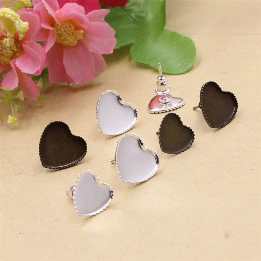 

Fit 10mm 12mm Heart Cabochons Copper Silver Bronze Earrings Bezel Blank Tray Cabochon Ring Base For DIY Making 50pcs/lot K06080