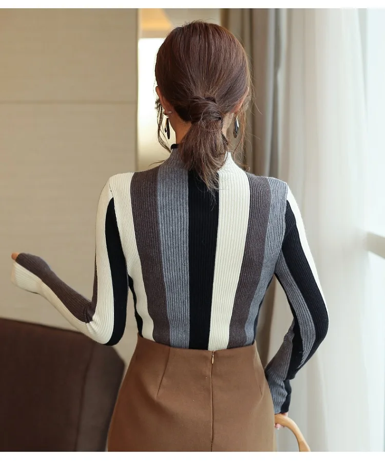 Полосатый свитер Корейская мода женские пуловеры вязаная водолазка рубашка с