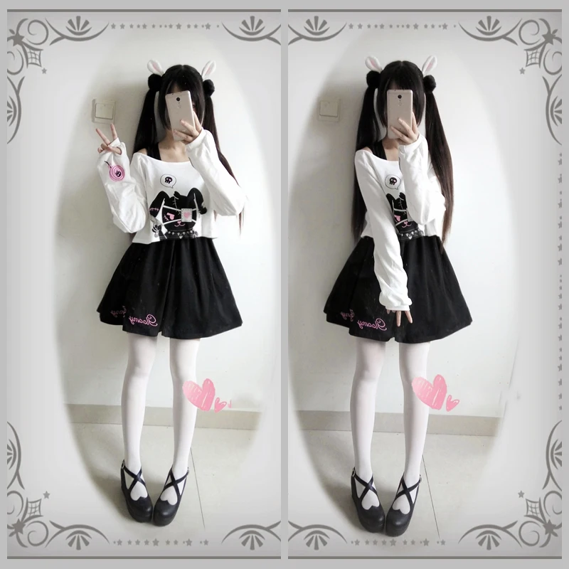 Harajuku Girl Cute Gloomy Bunny 2pcs Women's Set: Long Sleeve Hoodie Shirt + Sleeveless Tank Black Dress Lolita Punk Feel