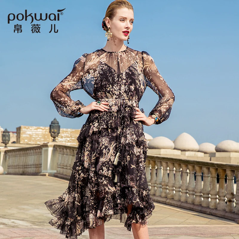 Pokwai длинный Повседневное футляр с цветочным принтом Для женщин Летнее шелковое