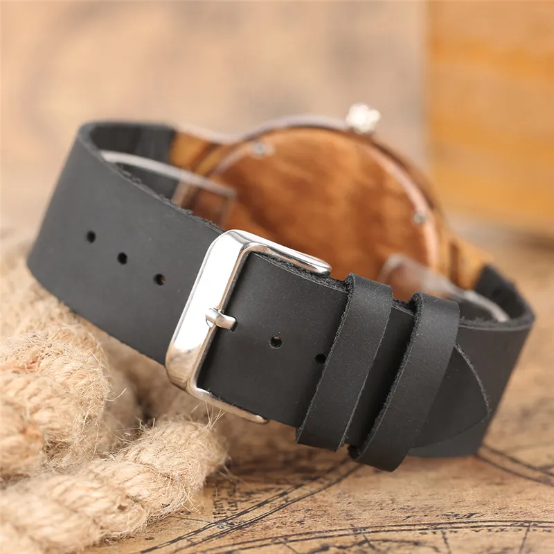 Креативные Часы из бамбукового дерева натуральный черный кожаный ремешок