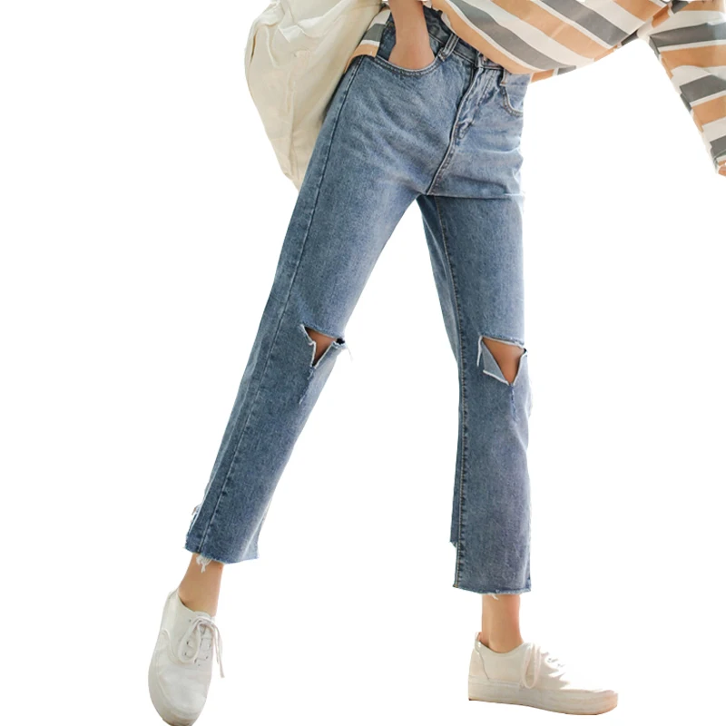 Для женщин Мотобрюки Винтаж отверстия Рваные джинсы Синий 2017 брюки женские