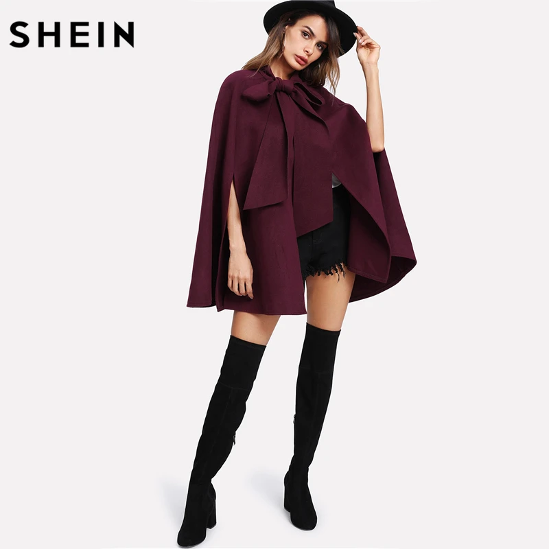 SHEIN Модное Однотонное Пончо С Бантом Элегантное Женское Осеннее Пальто С Длинными Рукавами