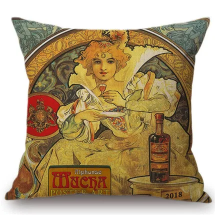 Vintage European Art Nouveau Mucha Gallery Decorative Sofa Pillow Cover Beautiful Beauty Girl Cotton Linen Luxury Cushion Cover