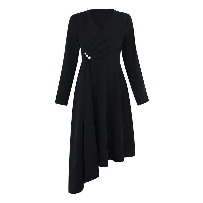 

INDRESSME 2019 New Fashion Pearl Botton Black Solid Long Sleeves V Neckline Blazer Padded Midi Asymmetrical Ruffles Hem Dress