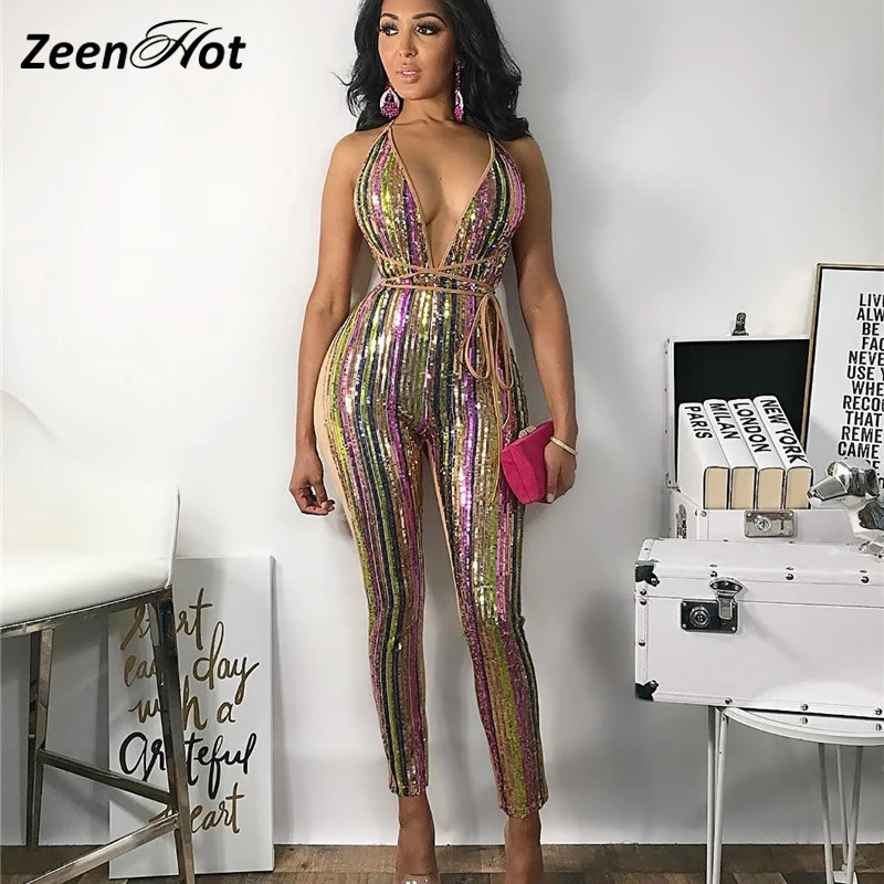 Женский комбинезон с глубоким v-образным вырезом и блестками сексуальный