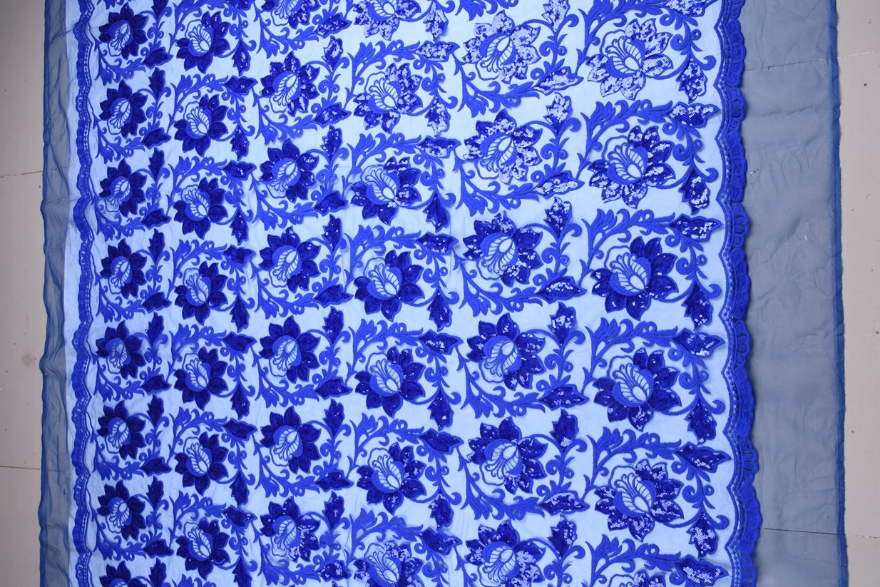 Latest Royal Blue African Embroidery Tulle Lace Fabric High Quality French Milk Silk Lace Fabric With Sequins 5 Yards 1611