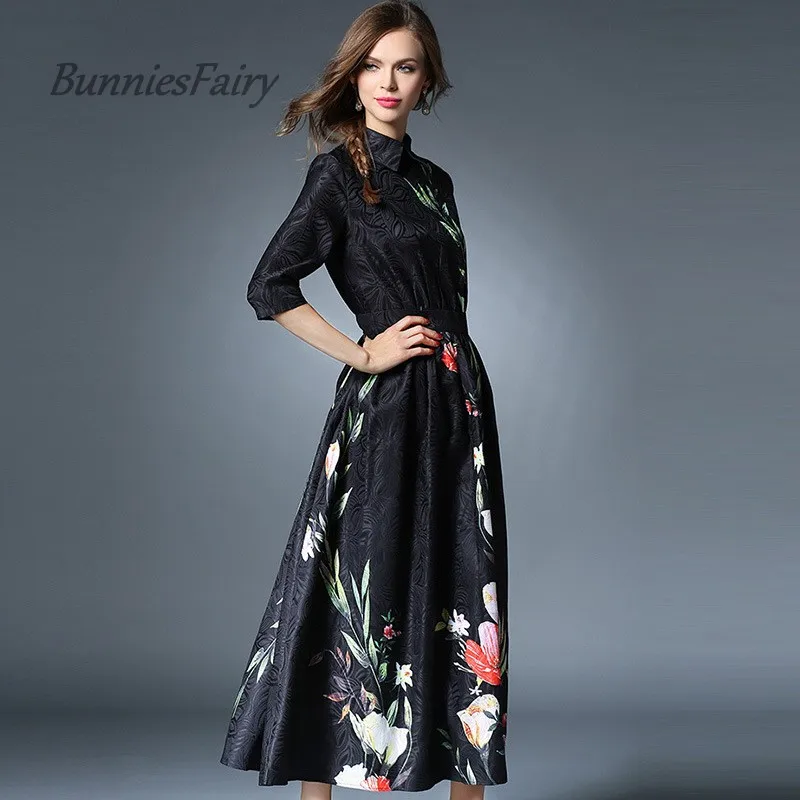 BunniesFairy 2017 Autumn And Winter High End Royal Style Turn Down Collar Slim Waist Floral Print Maxi Long Dress Robe Vestidos | Женская
