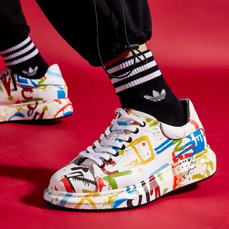 Delivr Casual Mens Shoes Genuine Leather Sneakers 2019 Graffiti Painted Outdoor Low Top Designer Men Luxury Brand | Обувь