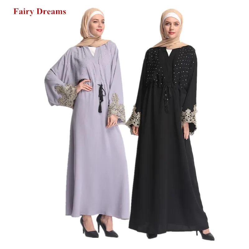 Женский кардиган кимоно Abaya черный серый турецкий Дубай с бусинами Бангладеш