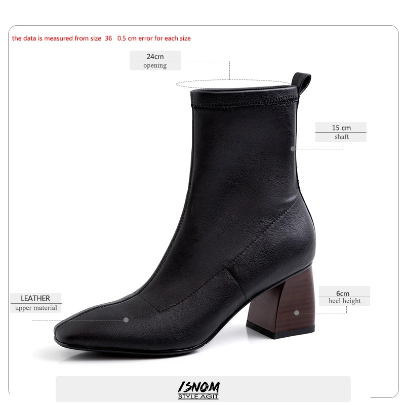ISNOM High Heels Wood Ankle Boots Women Square Toe Party Booties Woman Leather Shoes Female Slip On Shoes Ladies Autumn New