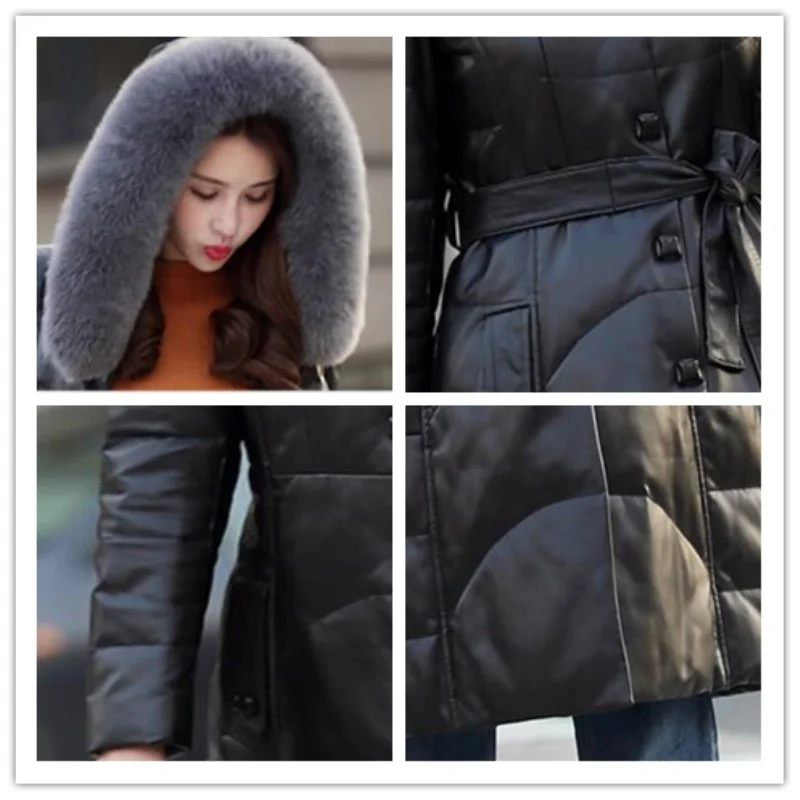 2018 New Women Winter Hooded Fur Collar Genuine Leather Down Jacket Fashion Warm Large Size Solid Long Coat LF273 | Женская одежда