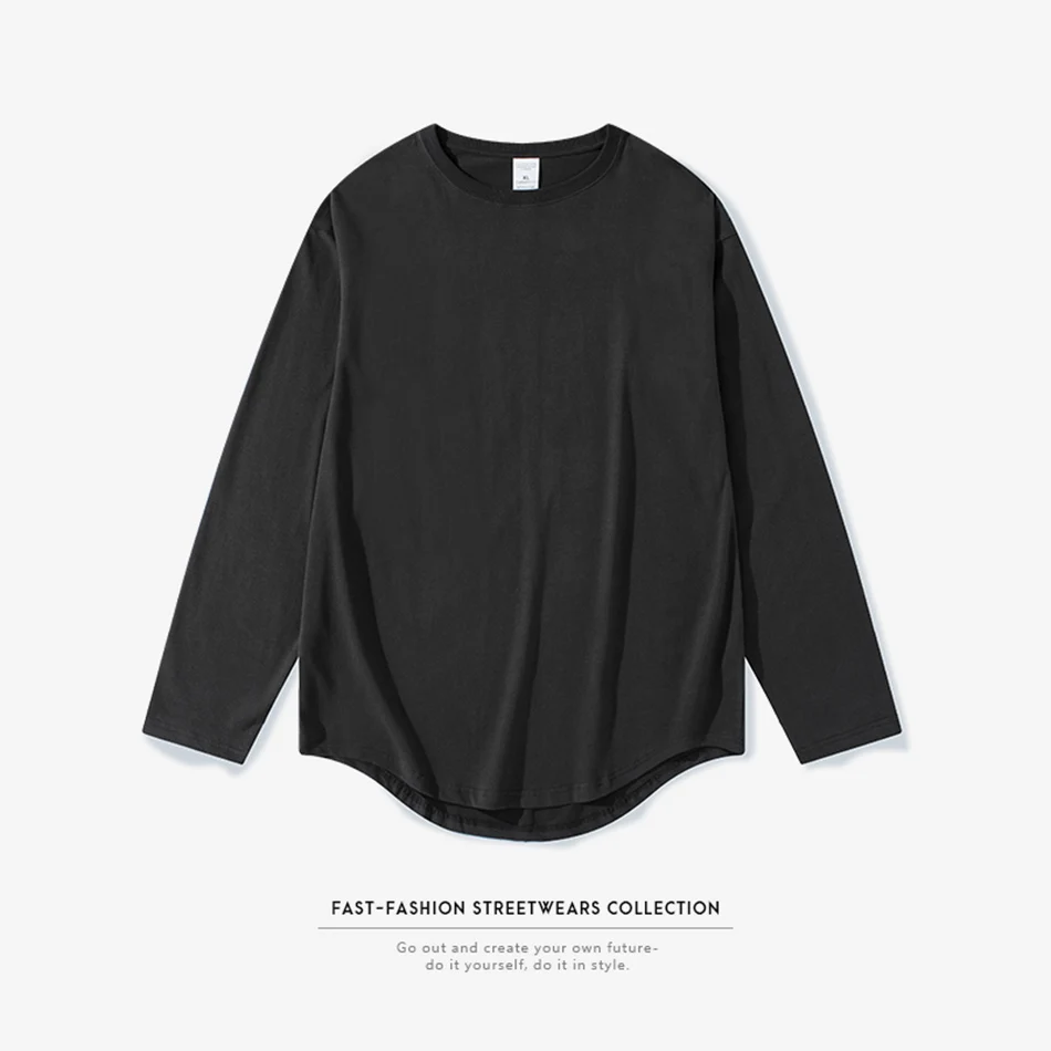 5 Color New Tide Cotton Oversize Men's T-shirt Round Neck Long Sleeve Curved Hem Loose T Shirts Black White High Street T-Shirts | Мужская