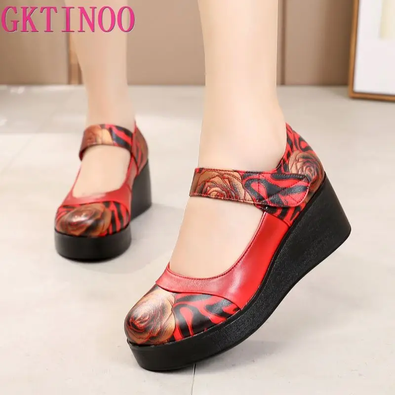 

GKTINOO Genuine Leather Women Shoes High Heels Handmade Summer Shoes Pumps Flower Leather Women Wedge Shoes