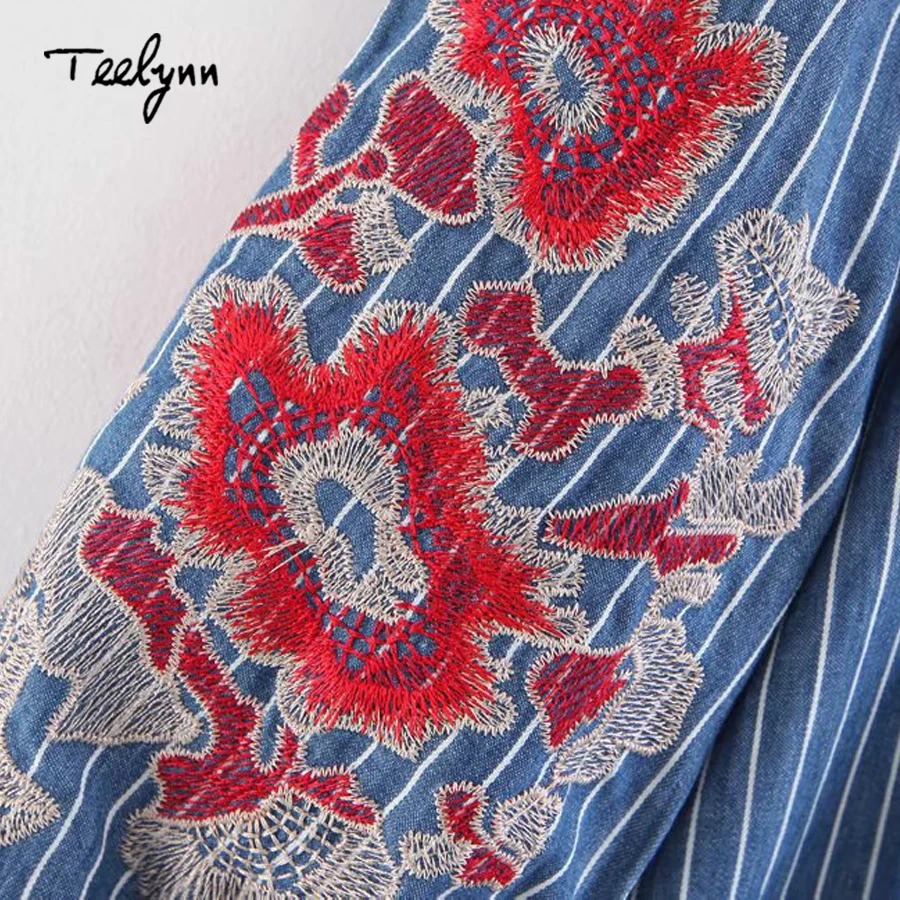 

TEELYNN blue stripes Boho dress cotton floral Embroidery puff sleeve loose autumn Ukraine dresses Casual Hippie dress for women