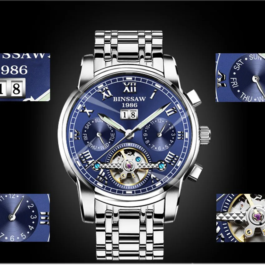 BINSSAW Tourbillon Мужские автоматические часы Топ бренд механические нержавеющая сталь