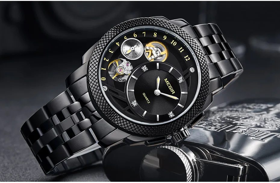 MEGIR Smart Quartz Watches for Men Fashion Casual Analogue Waterproof Wristwatch with Decorative Mechanical Movement 2091BKBN