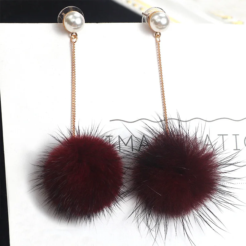Bohopan Hot Sales 8 Colors Cute Hairball Dangle Earrings Trendy Pearl Chain Handmade Statement Jewelry boucle d'oreille | Украшения и