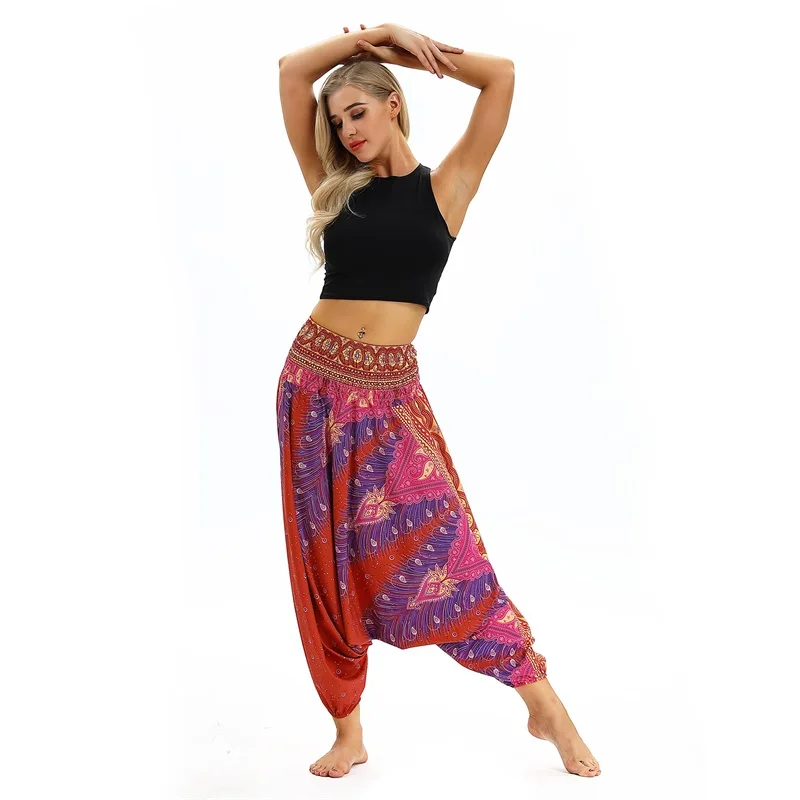 D101635 Raisvern женские пляжные брюки, брюки Boho Gypsy Hippie, Женские Широкие штаны-шаровары с принтом павлиньих перьев, эластичные брюки - Цвет: D101635