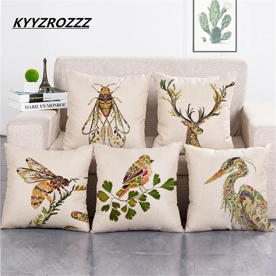 

Deer Seahorse Bee Cushion Cover Decorative Throw Pillows Colorul Insect Watercolor Pattern Cotton Linen Cushion Bull Terrier