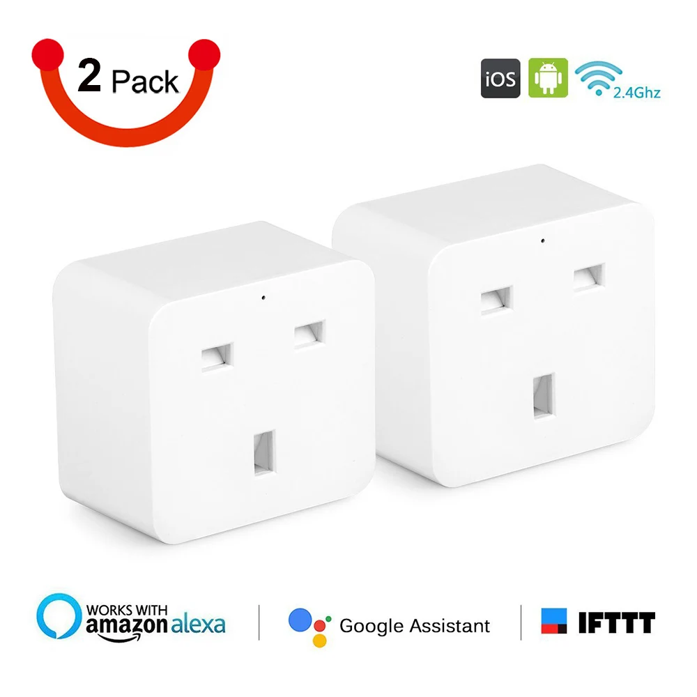 White 2pack Умная розетка с британской вилкой, Wi-Fi, розетка с таймером, 16А, контроль энергопотребления, голосовое управление, работа с Alexa и Google IFTTT - Цвет: White 2pack