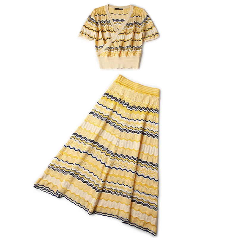 2019 осенний Женский вязаный Топ и короткая юбка женский полосатый костюм из двух