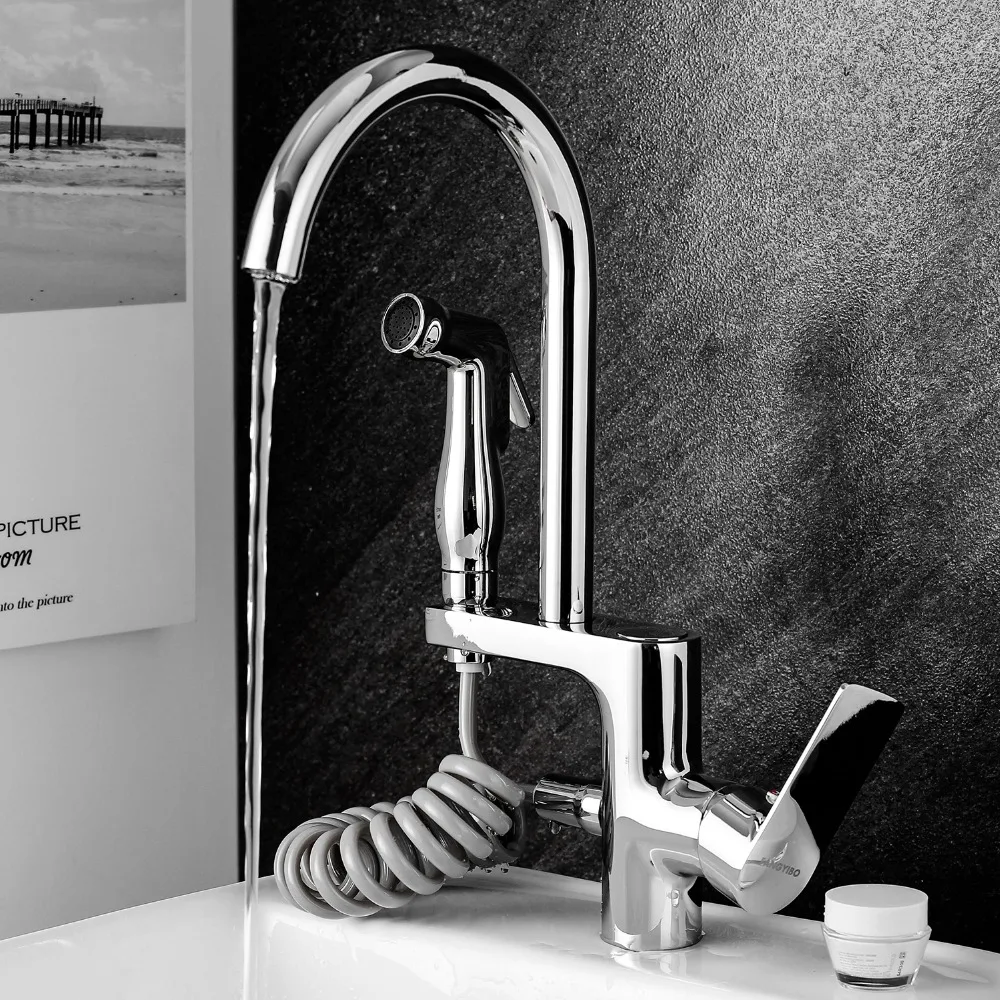 Хромированный кран пружинный кухонный двойной 360 поворотный ручной душ