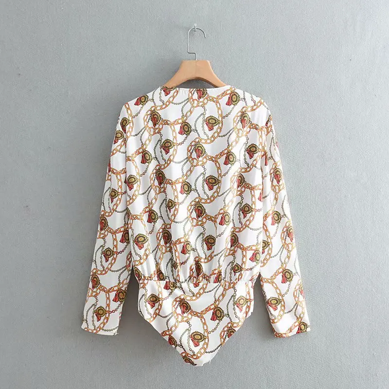 Women sexy v neck chains print casual pleats bodysuit shirt long sleeve siamese blouse chic playsuits femininas blusas |