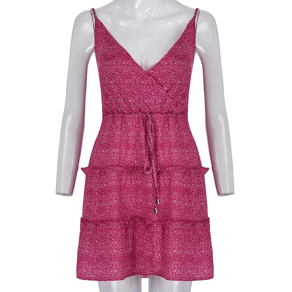 Женское мини платье с цветочным принтом v образным вырезом без рукавов на