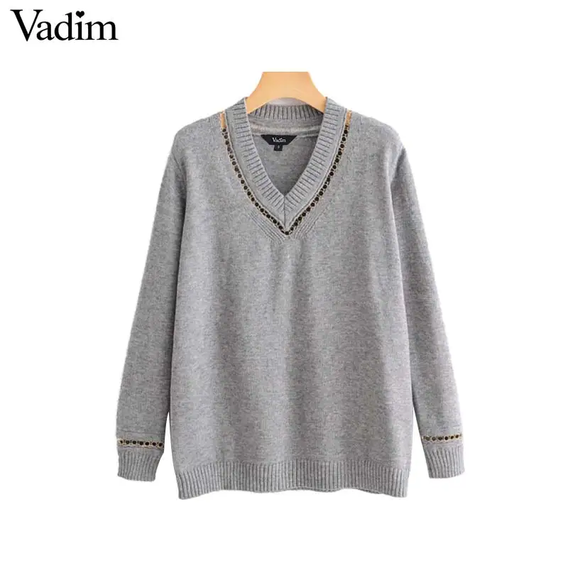 Vadim women chain patchwork knitted sweater V neck preppy style long sleeve pullovers female cute stretchy casual tops HA194 | Женская