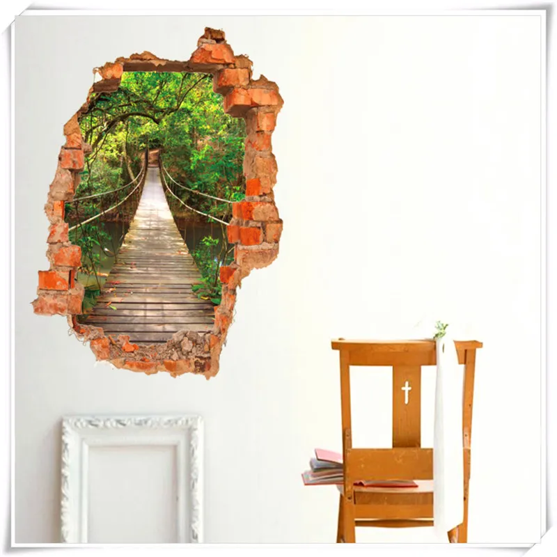 Разбитая стена подвеска мост лес 3d украшение дома настенные наклейки|Наклейки на