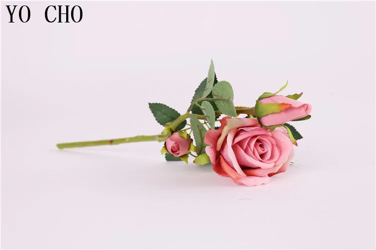 pink YO CHO свадебное украшение Настоящее прикосновение 1 цветок 2 искусственные бутоны шелковые цветы для дома аксессуары Поддельные 3 цветы голова Роза веточка - Цвет: pink