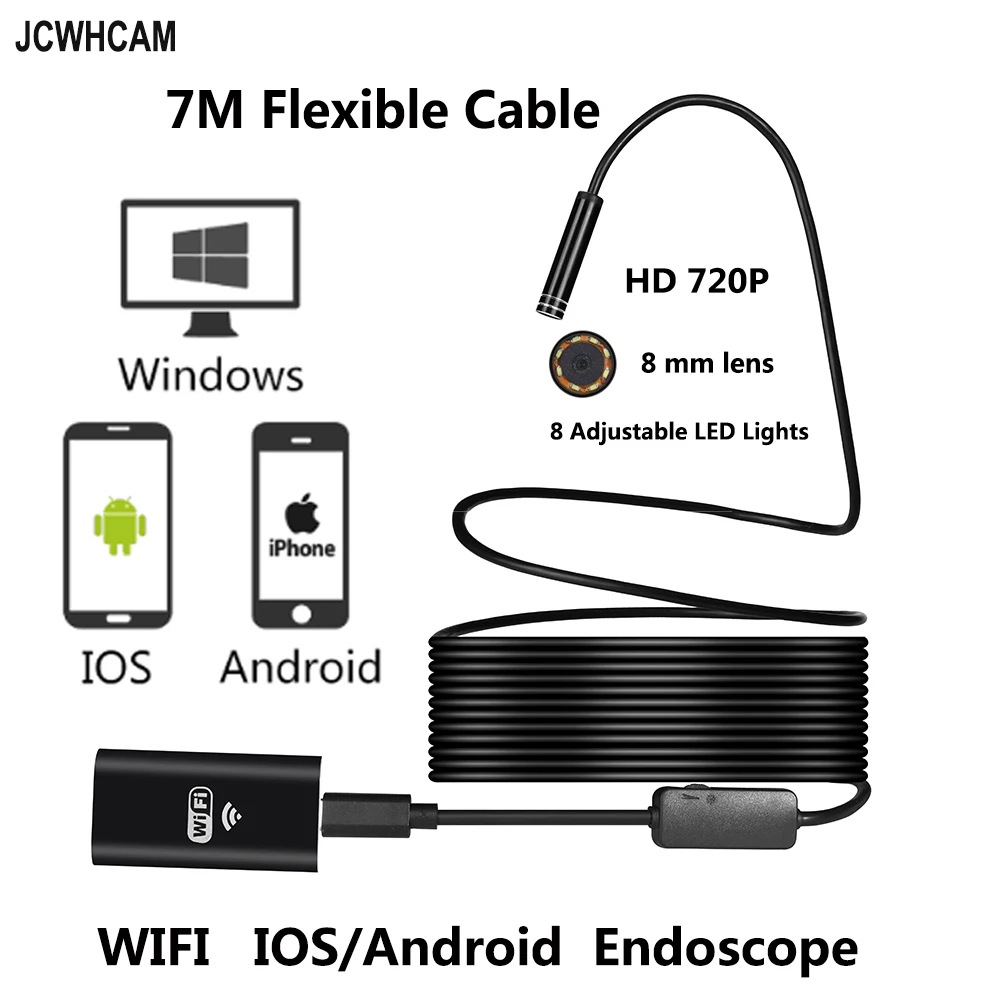 

Беспроводной Эндоскоп с объективом 8 мм, Wi-Fi, Android, IOS, камера 7 м, Водонепроницаемый Бороскоп с гибкой трубкой, камера-эндоскоп 720P