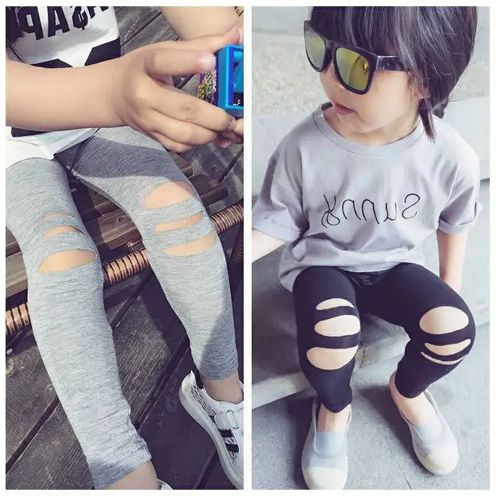 Модные штаны для девочек однотонные рваные леггинсы с дырками маленьких детские