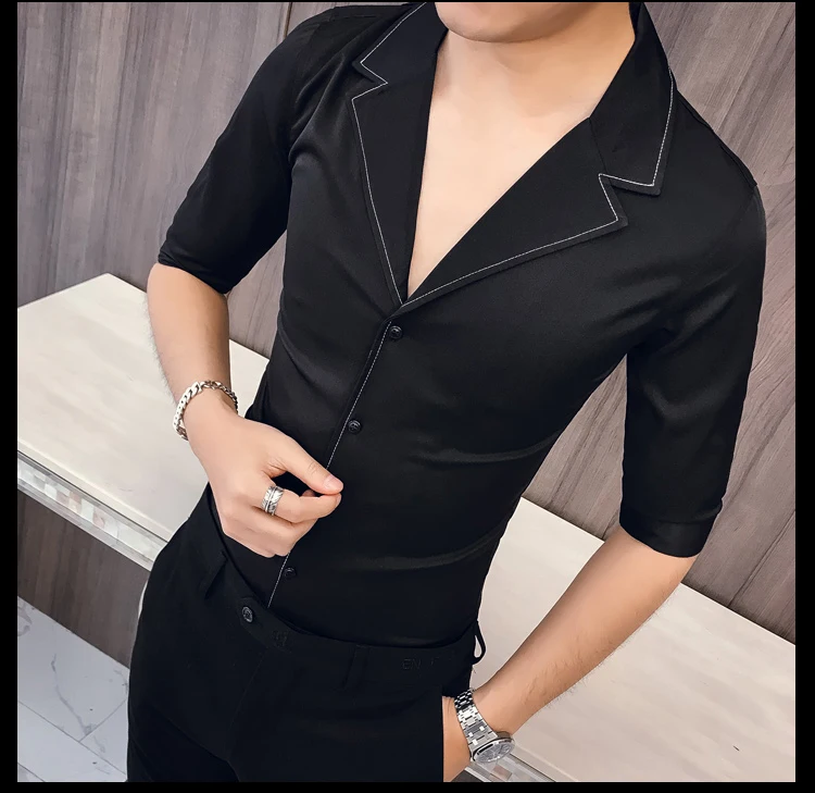 Solid Color Seven-quarter Sleeve Shirt Man Kemeja Pria Camisa Masculina Suit Collar Casual Style Half Sleeve Mens Camisa Hombre