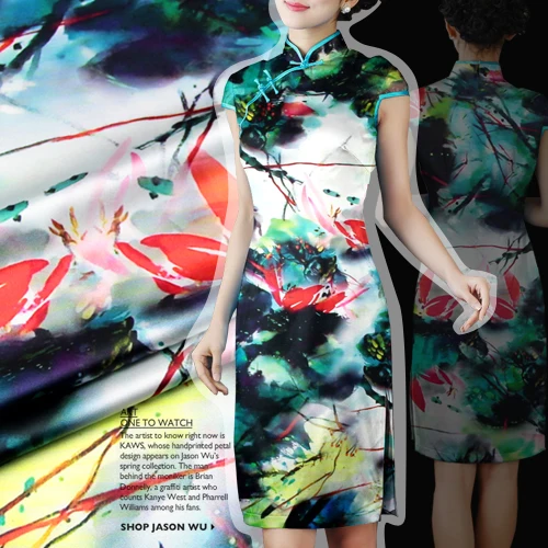

118cm wide 93% silk & 7% spandex 19mm Chinese style digital print elastic silk satin cheongsam dress fabric