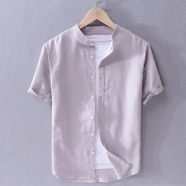 Light gray Новое поступление, Брендовые мужские льняные рубашки летняя однотонная желтая рубашка Мужская мода Повседневная рубашка со стоячим воротником мужская рубашка большого размера - Цвет: Light gray