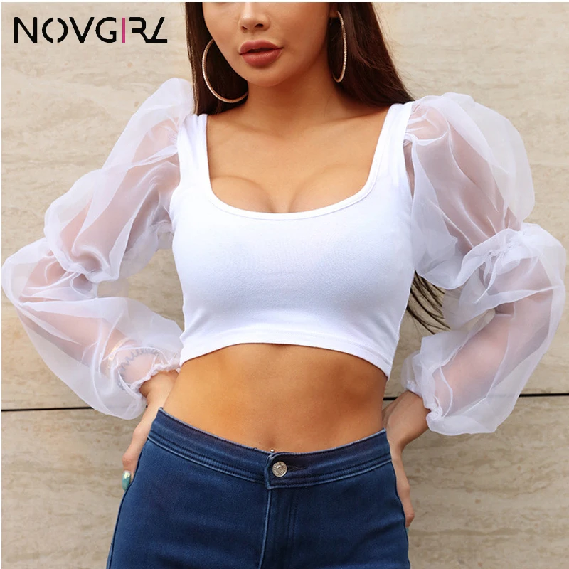 Сексуальная Сетчатая футболка Novgirl с длинным рукавом и открытым верхом модель 2019