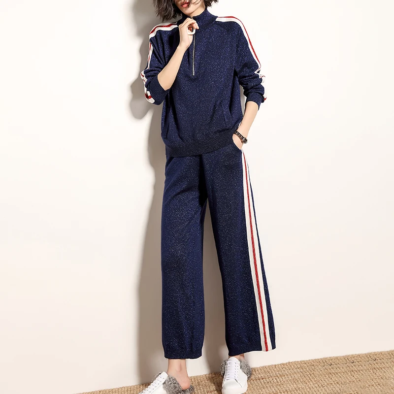 Женский трикотажный костюм-двойка вязаный свитер + повседневные штаны весна 2019 |