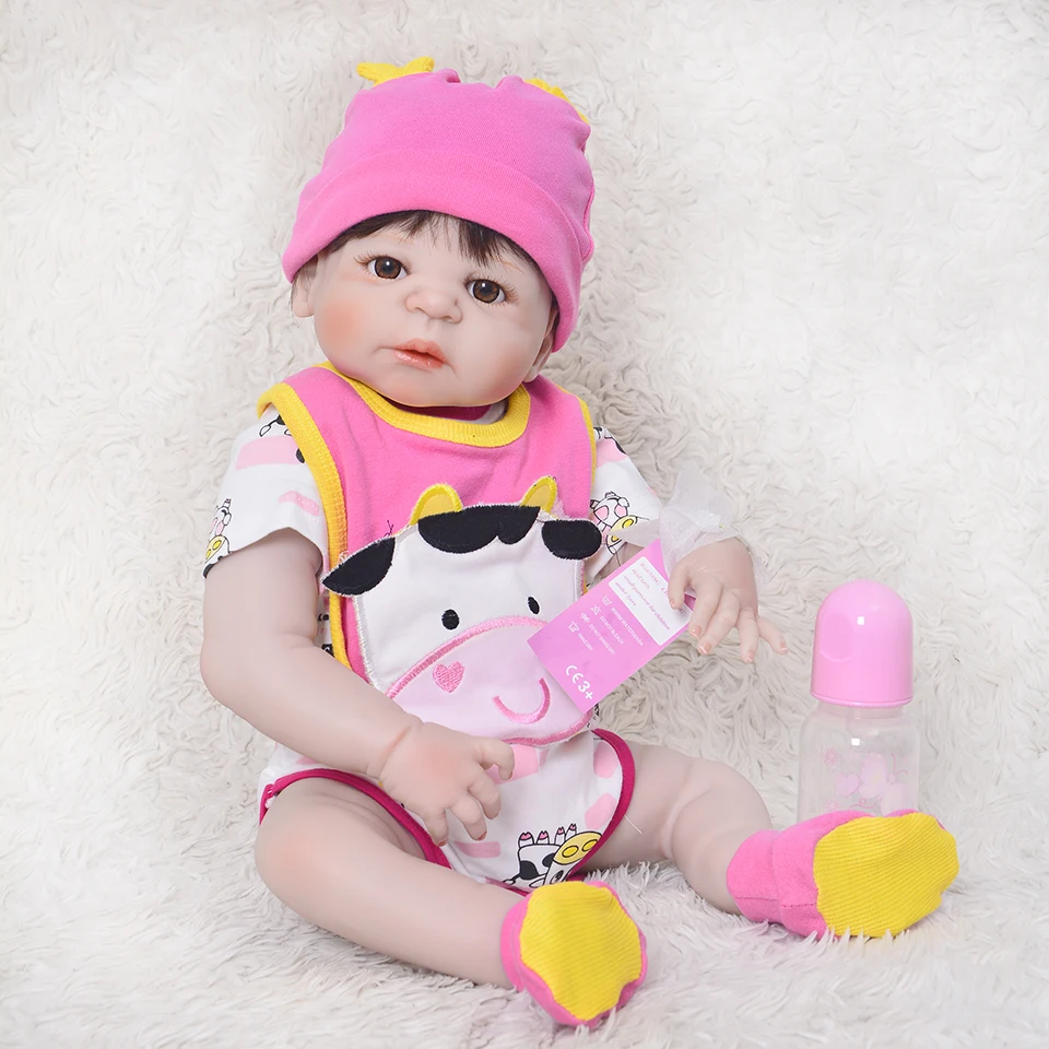 

New Arrival Reborn Vinyl Body Girl 23 Inch Realistic Reborn Baby Dolls Waterproof bebe Wear Pink Cows Clothes kids Xmas Gifts