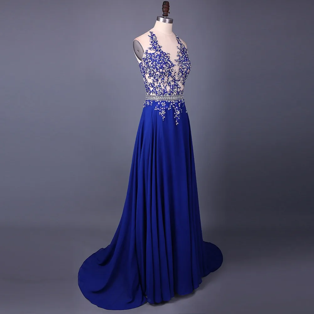 Сексуальные ярко синий шифон совок шеи Длинные вечерние платья 2017 аппликации