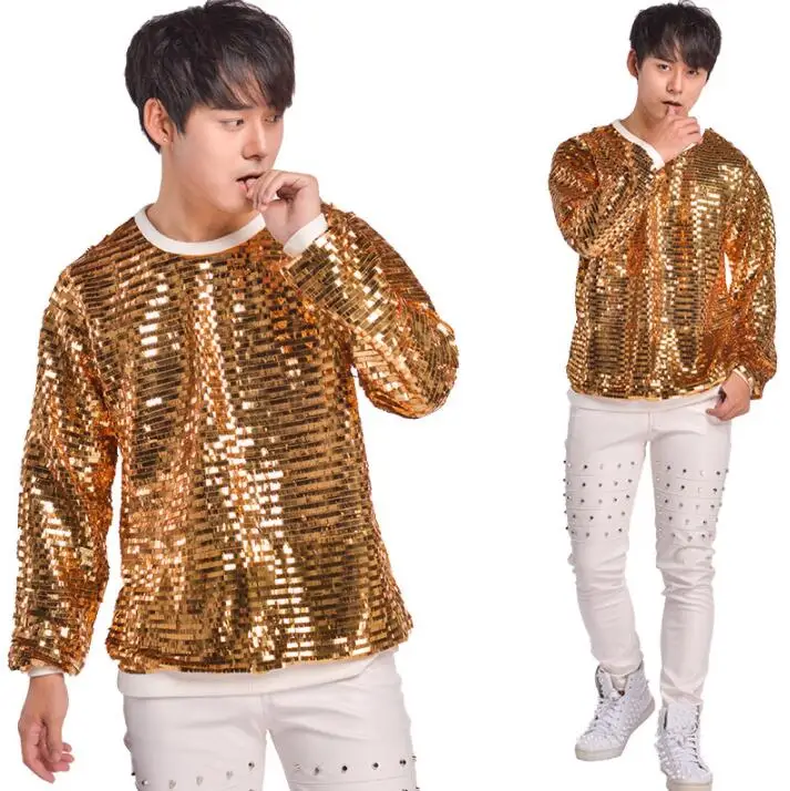 fashion punk slim sexy gold Sequin shirt men long sleeve shirt teenage korean shirt mens personality stage singer dance