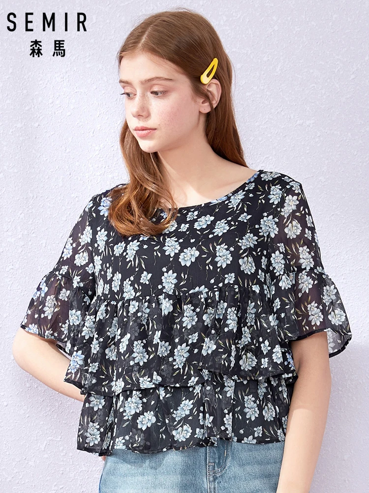 Женская блузка с коротким рукавом SEMIR короткая шифоновая круглым вырезом и