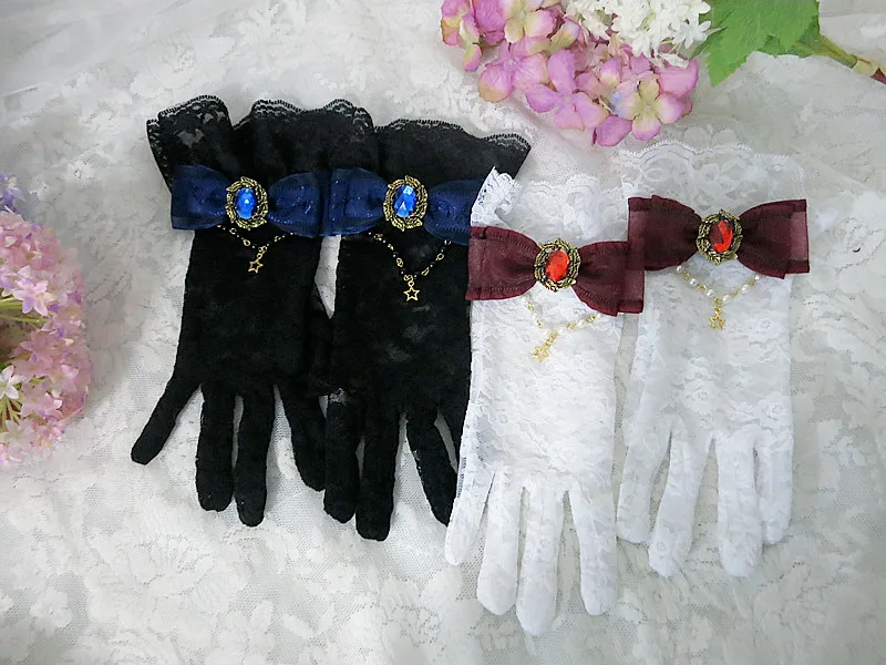 Оригинальные готические шелковые перчатки Лолиты в стиле Лолиты с бантиком, украшенные цветами из мертвых цветов цвета красного вина