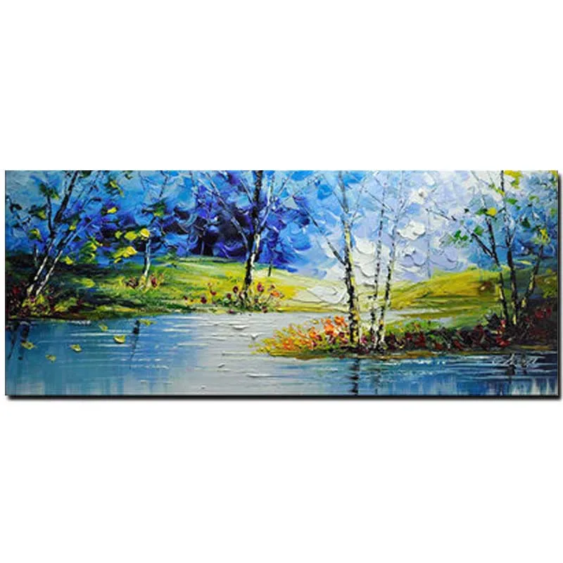 Абстрактная картина ручной работы импасто масляная река лес пейзаж холст