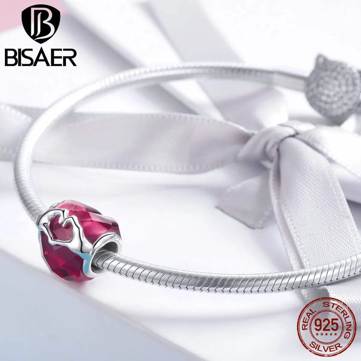BISAER, 925 пробы, серебро, любовь, рука, Красный Кристалл с фианитами, бусины в форме сердца, подходят для бусин, талисманы, браслеты, оригинальные ювелирные изделия ECC1024
