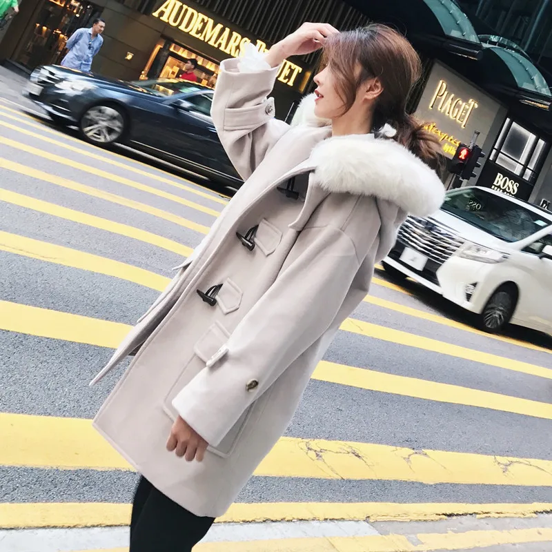 Зимняя длинная куртка 2018 Корейская новая шерстяная с роговыми пуговицами