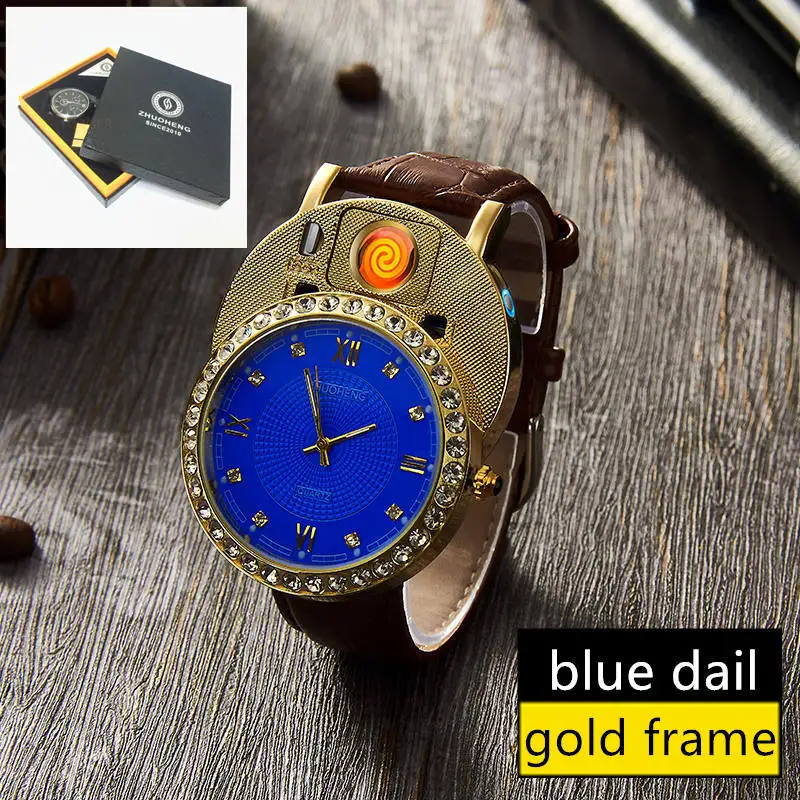 gold blue with box Мужские часы-прикуриватель, кварцевые часы с зарядкой от USB, роскошные часы с бриллиантовым циферблатом, повседневные наручные часы, мужские часы, JH391-1, 1 шт - Цвет: gold blue with box