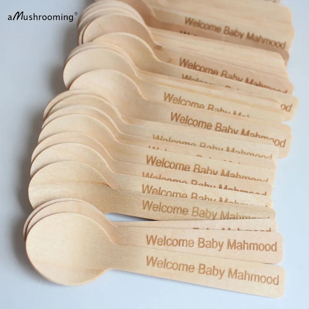 100 шт. мини круглые деревянные ложки Baby Shower персонализированные детские имя